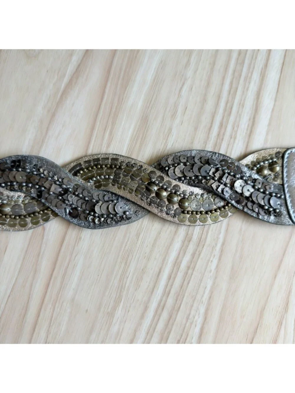 Vintage Womens Leather Belt L Fashion Braided Metallic Gold & Silver Sequins 45